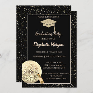 Invitación Tapón de graduación de Purpurina de oro, disco Bal