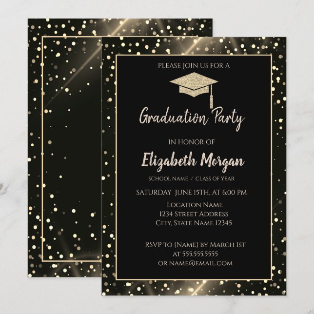 Invitación Tapón de graduación de Purpurina de oro moderno, p (Anverso / Reverso)