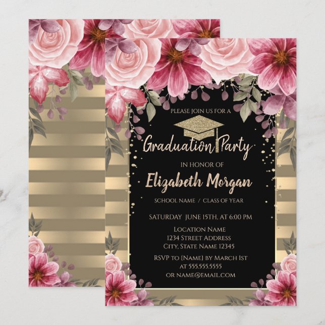 Invitación Tapón de graduación de Purpurina de oro,Trazado fl (Anverso / Reverso)