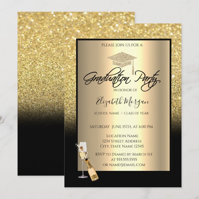Invitación Tapón de graduación de Purpurina de oro, Vino, Gra (Anverso / Reverso)