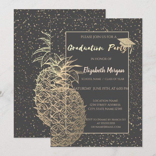 Invitación Tapón de graduación de purpurina, Piña de Oro,Grad (Anverso / Reverso)
