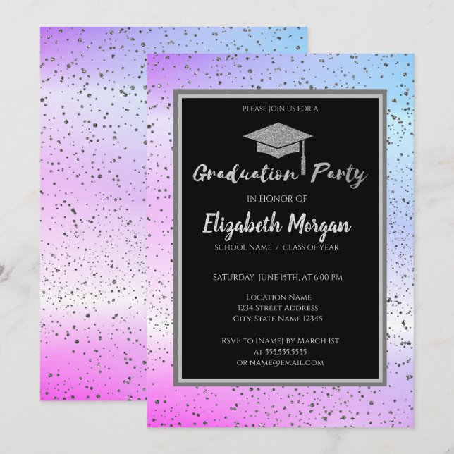 Invitación Tapón de graduación de Purpurina plateado,Confetti (Anverso / Reverso)