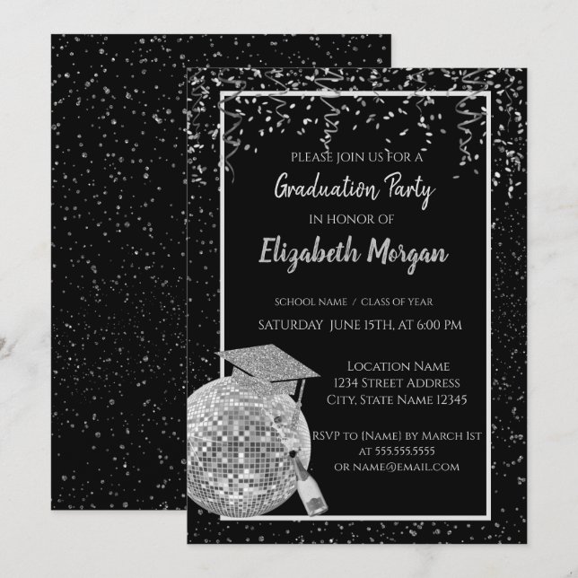 Invitación Tapón de graduación de Purpurina plateado, disco B (Anverso / Reverso)