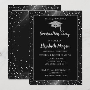 Invitación Tapón de graduación de Purpurina plateado moderno,