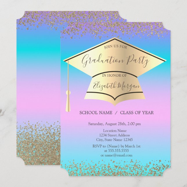 Invitación Tapón de graduación, Diamantes Graduación Holográf (Anverso / Reverso)