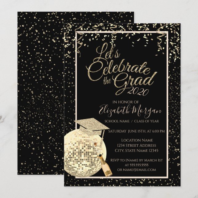 Invitación Tapón de graduación, disco Ball Confetti, graduaci (Anverso / Reverso)