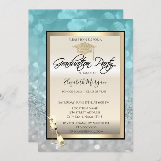 Invitación Tapón de graduación elegante,Graduación de Bokeh d (Anverso / Reverso)