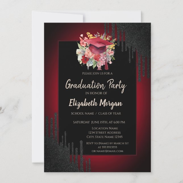 Invitación Tapón de graduación floral,Perforaciones negras ro (Anverso)