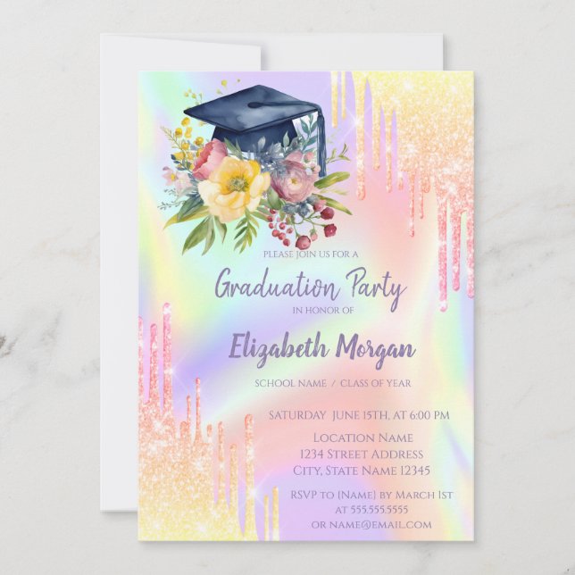 Invitación Tapón de graduación floral, taladros de ombre Holo (Anverso)