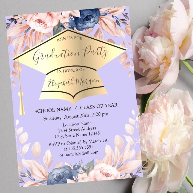 Invitación Tapón de graduación,Flores de graduación morada li (Subido por el creador)
