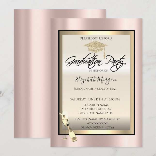 Invitación Tapón de graduación,Graduación de oro Rosa de vidr (Anverso / Reverso)