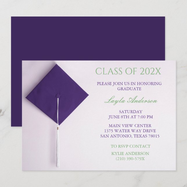 Invitación Tapón de graduación morado (Anverso / Reverso)