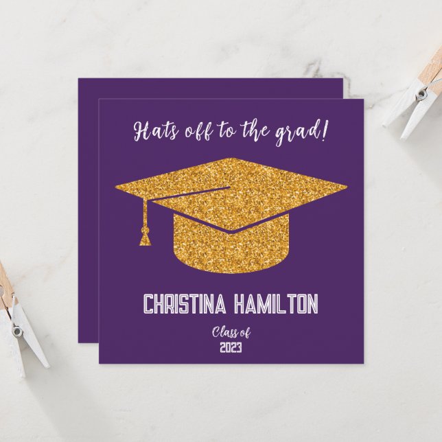 Invitación Tapón de graduación morado y dorado moderno (Anverso/Reverso In Situ)