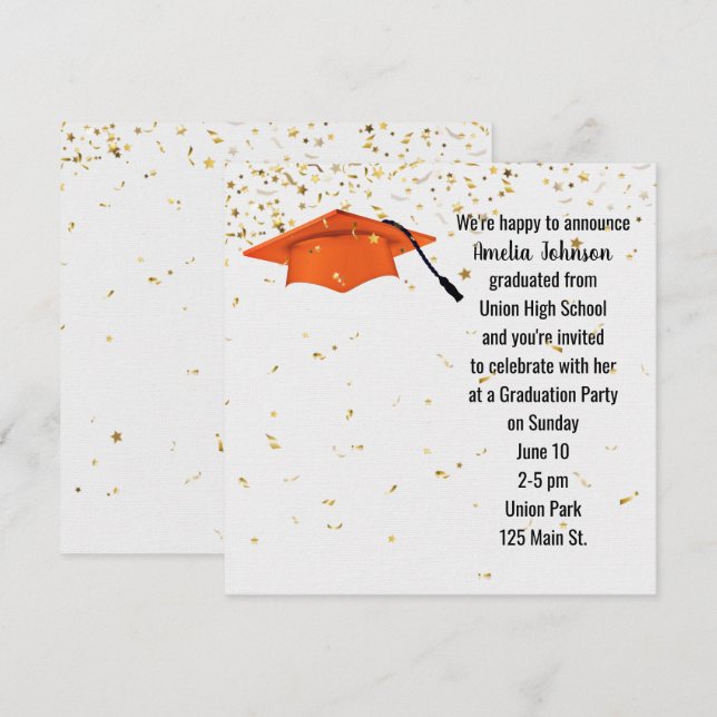 Invitación Tapón de graduación naranja con confetti de oro (Anverso / Reverso)