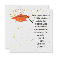 Tapón de graduación naranja con confetti de oro