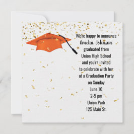 Invitación Tapón de graduación naranja con confetti de oro