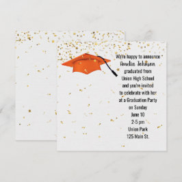 Invitación Tapón de graduación naranja con confetti de oro