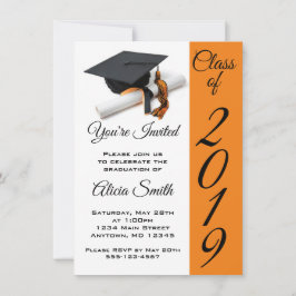 Invitación Tapón de graduación negro y Naranja