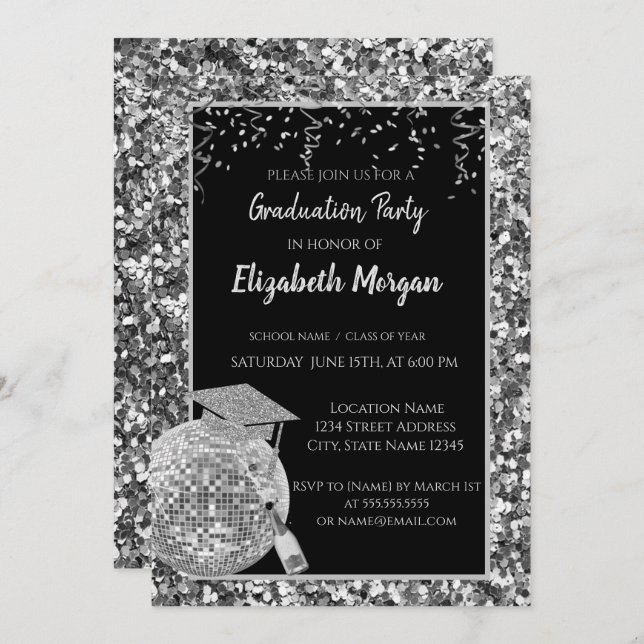 Invitación Tapón de graduación plateado, bola disco, vino, se (Anverso / Reverso)