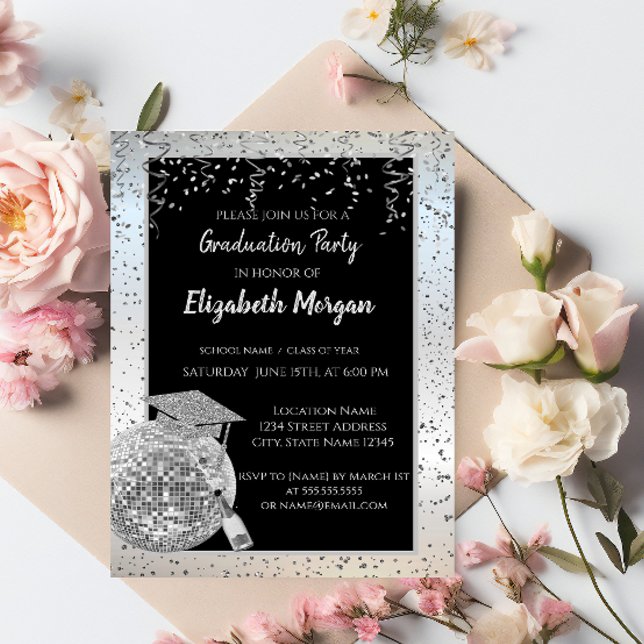 Invitación Tapón de graduación plateado, disco Ball Confetti, (Subido por el creador)