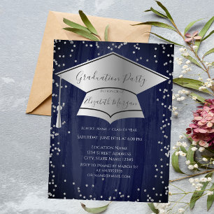Invitación Tapón de graduación plateado,Graduación azul de di