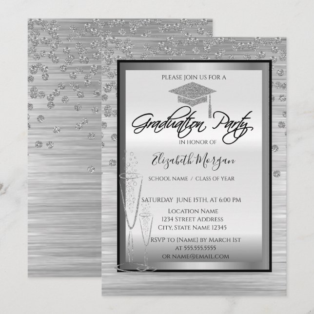 Invitación Tapón de graduación plateado, Graduación de diaman (Anverso / Reverso)