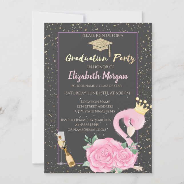 Invitación Tapón de graduación purpurina,Confetti,Vino,Flamin (Anverso)