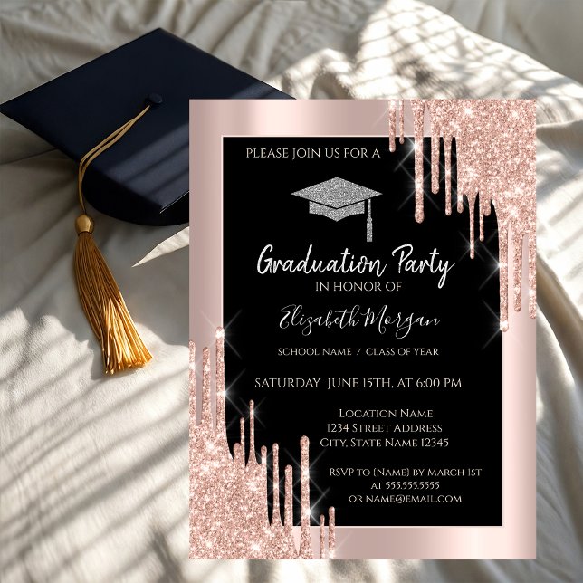 Invitación Tapón de graduación purpurina, gotitas de oro Rosa (Subido por el creador)