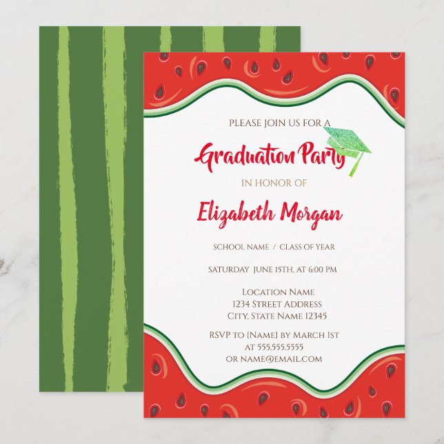 Invitación Tapón de graduación purpurina, Graduación de sandí (Anverso / Reverso)