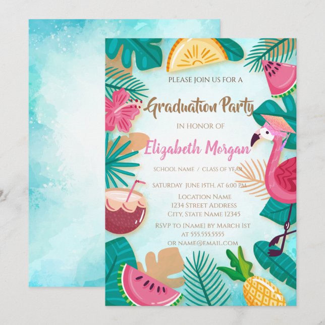 Invitación Tapón de graduación purpurina,Graduación tropical (Anverso / Reverso)