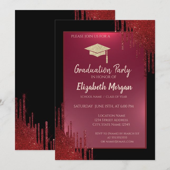 Invitación Tapón de graduación purpurina,Perforaciones rojas  (Anverso / Reverso)