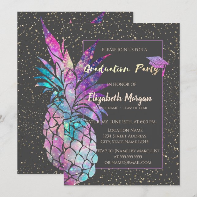 Invitación Tapón de graduación purpurina, piña, confetti (Anverso / Reverso)