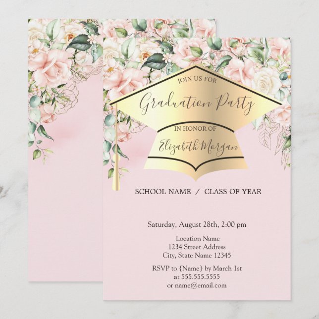 Invitación Tapón de graduación,Rosas Graduación rosa claro (Anverso / Reverso)