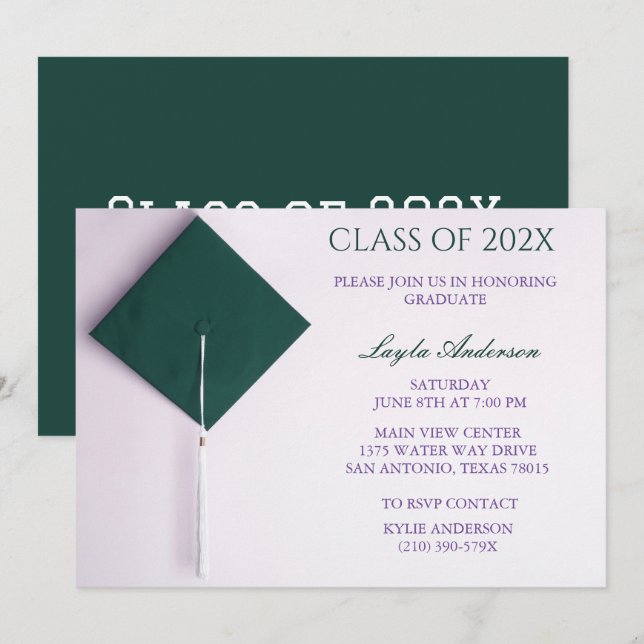 Invitación Tapón de graduación verde azulado (Anverso / Reverso)