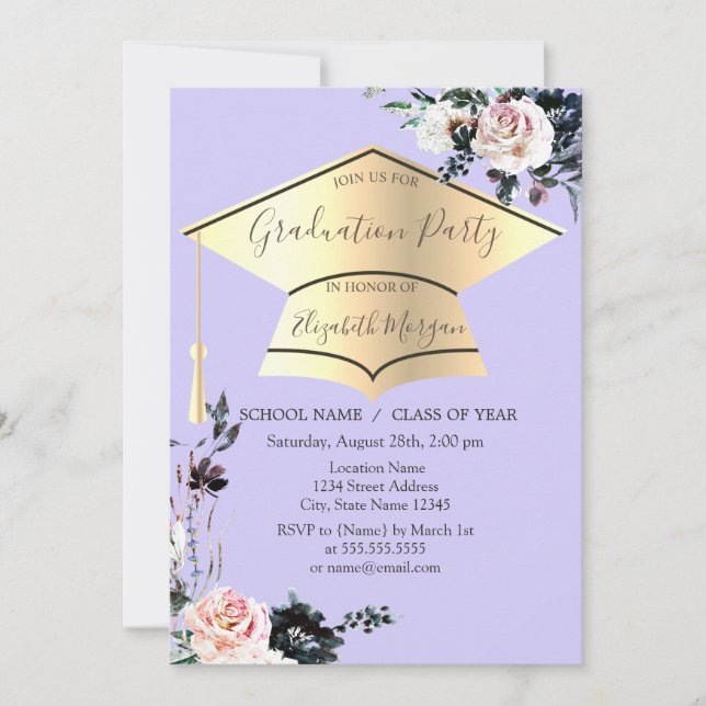 Invitación Tapón Gold Grad,Graduación ligera púrpura de flore (Anverso)