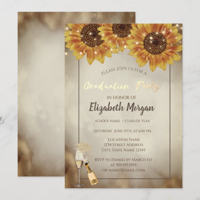 Invitación Tapón Purpurina de oro, vino, vidrio, girasol, toq (Anverso / Reverso)