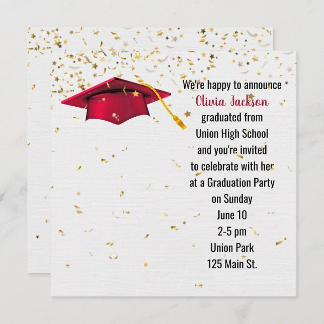 Invitación Tapón rojo de graduación con confetti de oro (Anverso / Reverso)