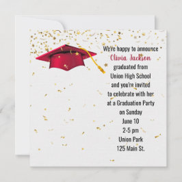 Invitación Tapón rojo de graduación con confetti de oro
