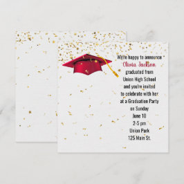 Invitación Tapón rojo de graduación con confetti de oro