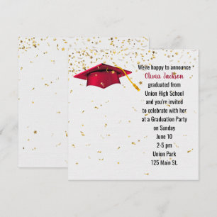 Invitación Tapón rojo de graduación con confetti de oro