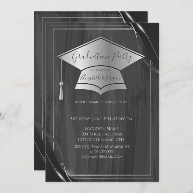 Invitación Tapón simple de graduación plateado de marco,Gradu (Anverso / Reverso)