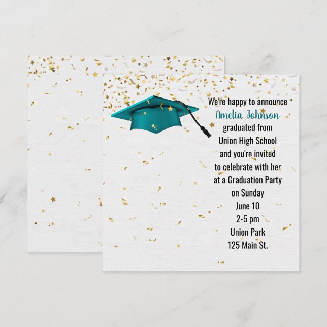 Invitación Tapón verde azulado de graduación con confetti de  (Anverso / Reverso)