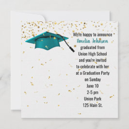 Invitación Tapón verde azulado de graduación con confetti de 