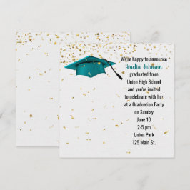 Invitación Tapón verde azulado de graduación con confetti de 