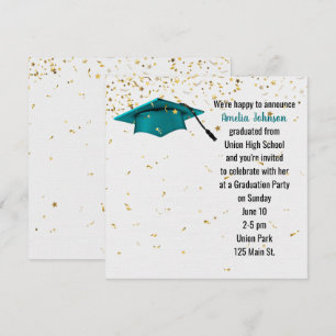 Invitación Tapón verde azulado de graduación con confetti de 