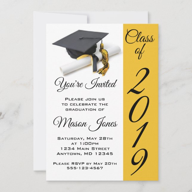 Invitación Tapón y tapón de graduación amarillo negro y dorad (Anverso)