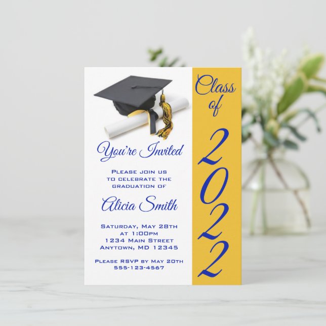 Invitación Tapón y tapón de graduación azul y oro (Anverso de pie)