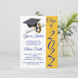 Invitación Tapón y tapón de graduación azul y oro
