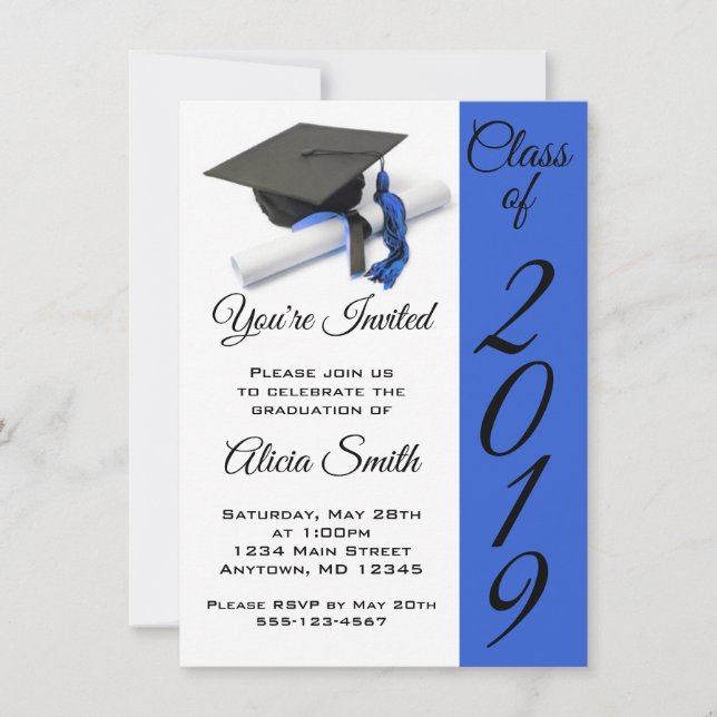 Invitación Tapón y tapón de graduación negro y azul (Anverso)