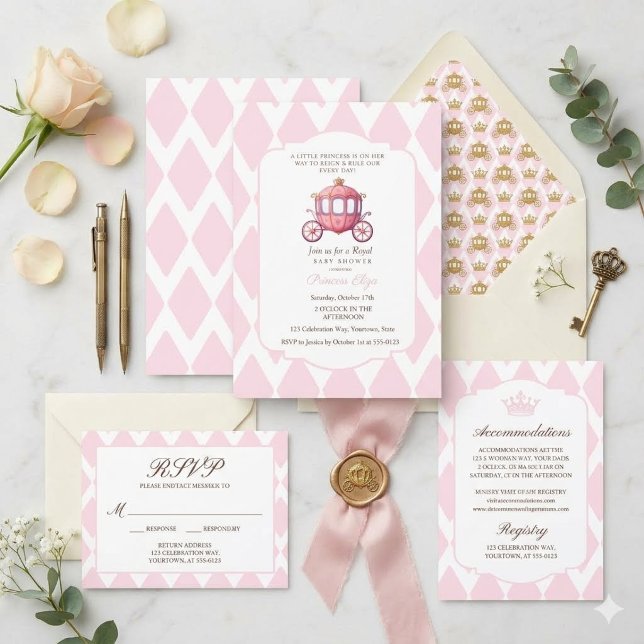 Invitación Tarde de Bebé del Carruaje Princesa Argyle Rosa (Subido por el creador)